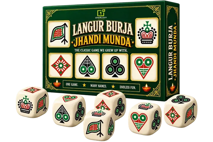 The Langur Burja Jhandi Munda set: the box and its six dice